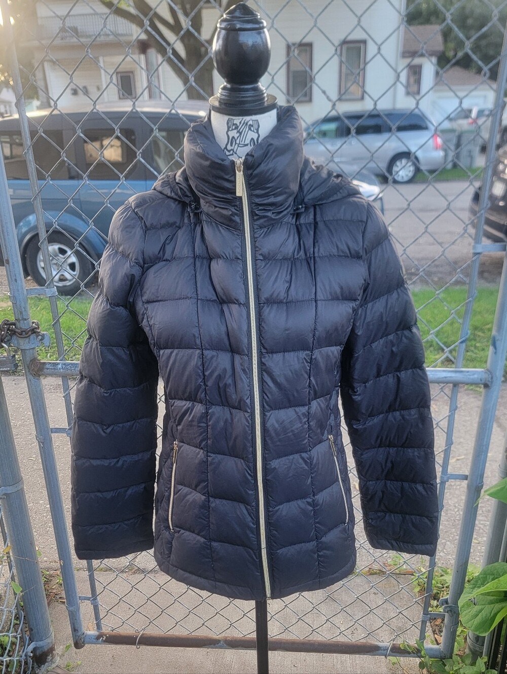 MICHAEL Michael Kors Packable Down Puffer Jacket M Black Gold Removable Hood
